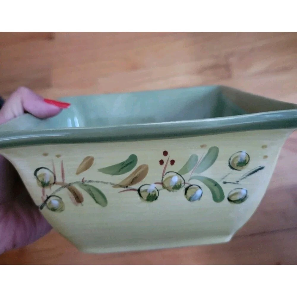 Pier 1 Olive Green Earthenware Square Hand Painted Olives Vines Cereal Soup Bowl